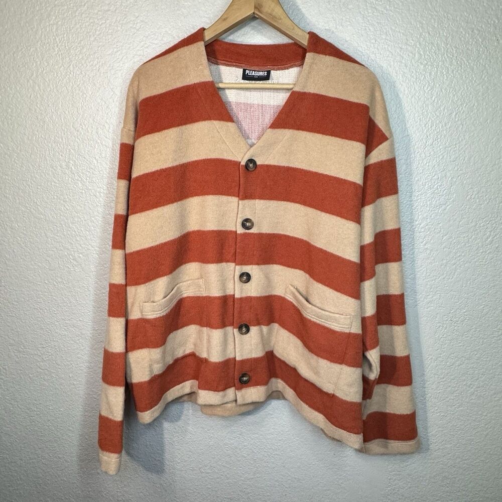 Pleasures Typo Cardigan Orange Striped Pockets Sweater Wool Blend Autumn Men L